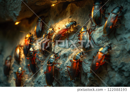 Group of cockroaches huddle together in the dark corner of a basement, highlighted by the soft gleam of sunlight 122088193