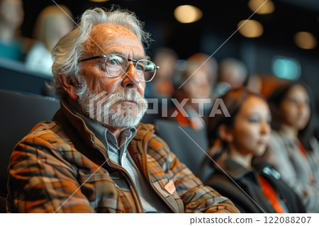 Elderly man takes part in an educational seminar in a university setting, surrounded by fellow attendees Elderly man takes part in an educational seminar in a university setting, surrounded by fellow attendees 122088207