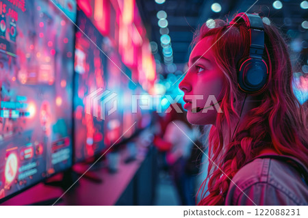 Young woman in headphones immerses herself in a thrilling computer game at a vibrant gaming convention, surrounded by fellow energetic gamers Young woman in headphones immerses herself in a thrilling computer game at a vibrant gaming convention, surrounded by fellow energetic gamers 122088231