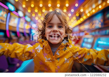 Cheerful child beams with excitement while enjoying an evening at a lively entertainment center filled with arcade machines Cheerful child beams with excitement while enjoying an evening at a lively entertainment center filled with arcade machines 122088232