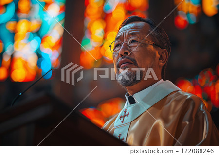 Catholic priest passionately addresses the congregation from the pulpit, illuminated by vibrant stained glass windows in a serene church setting 122088246
