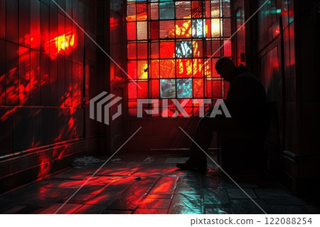 Reflective figure sits in quiet contemplation in a church, bathed in the vivid colors of light passing through stained glass 122088254
