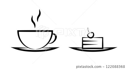A cup of tea and a cake line icon in flat style A cup of tea and a cake line icon in flat style 122088368