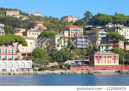 Santa Margherita, Italy - November 13, 2024. View of sea. Tourism and recreation. Ecologically clean nature. Traditional old buildings. Historical center. 122088410