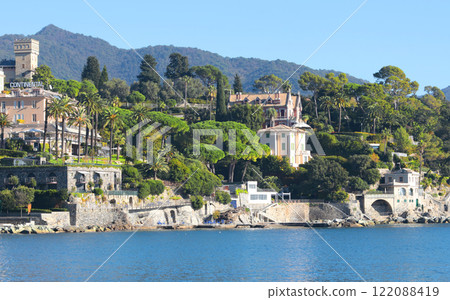 Santa Margherita, Italy - November 13, 2024. View of sea. Tourism and recreation. Ecologically clean nature. Traditional old buildings. Historical center. 122088419