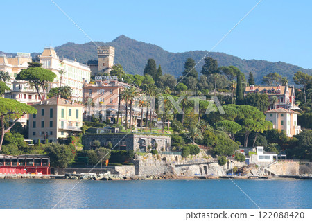 Santa Margherita, Italy - November 13, 2024. View of sea. Tourism and recreation. Ecologically clean nature. Traditional old buildings. Historical center. 122088420