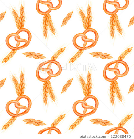 Seamless pattern with a pretzel and a malt plant, isolated, digital watercolor illustration 122088470