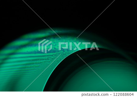 Green liquid surface, fantastic bubbles in the darkness, dark fantastic background, transparent forms, empty space, dark background 122088604