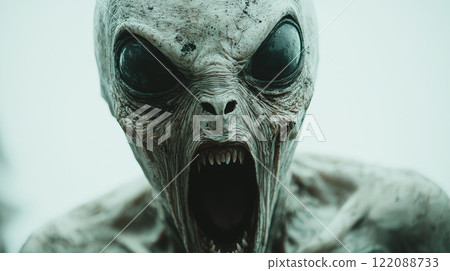 A striking portrait of an alien attempting to blend in as a human, its disguise slipping with a wide-open mouth, revealing otherworldly features beneath the facade. Generative AI 122088733