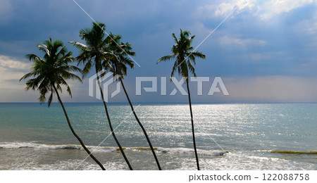 Sea, palm tree silhouette and bright sunset. Concept - vacation and travel. Sea, palm tree silhouette and bright sunset. Concept - vacation and travel. 122088758