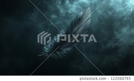 A hauntingly beautiful image of a shadowy black feather gliding weightlessly through the air. Generative AI A hauntingly beautiful image of a shadowy black feather gliding weightlessly through the air. Generative AI 122088765
