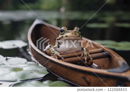 Charming frog paddles a wooden boat through serene lily pad-filled waters beneath a tranquil afternoon sky. Generative AI 122088833