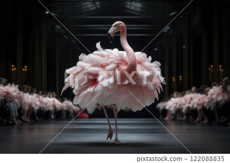 Flamingo struts confidently down the runway in a dazzling display of vibrant plumes during a surreal fashion show. Generative AI 122088835