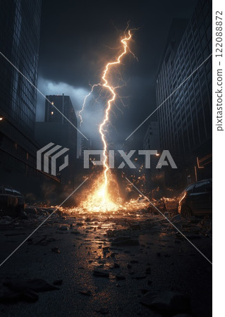 Lightning strikes in a desolate urban landscape, illuminating the wreckage at night with an electric intensity and eerie atmosphere. Generative AI 122088872