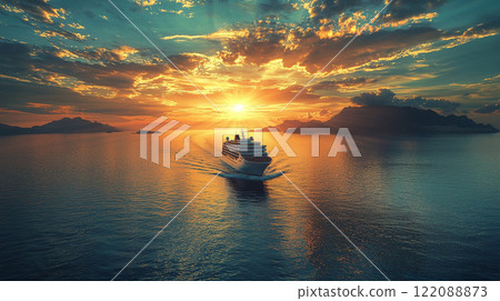 A magnificent cruise ship sails gracefully through the tranquil Eastern Mediterranean Sea, its deck filled with joyful pilgrims. Generative AI 122088873