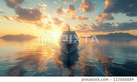 A magnificent cruise ship sails gracefully through the tranquil Eastern Mediterranean Sea, its deck filled with joyful pilgrims. Generative AI 122088884
