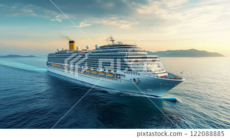 A magnificent cruise ship sails gracefully through the tranquil Eastern Mediterranean Sea, its deck filled with joyful pilgrims. Generative AI 122088885