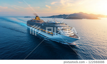 A magnificent cruise ship sails gracefully through the tranquil Eastern Mediterranean Sea, its deck filled with joyful pilgrims. Generative AI 122088886