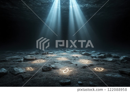 Mysterious symbols illuminated beneath tranquil waters reveal ancient secrets of the deep ocean at twilight. Generative AI 122088958