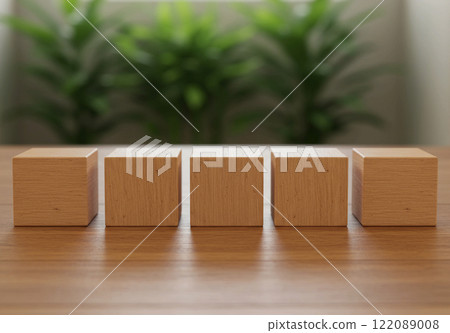 A room with plants and a blank wooden cube A room with plants and a blank wooden cube 122089008