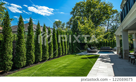 A neat row of lush arborvitae trees serves as a natural privacy screen in a tranquil suburban backyard. Generative AI 122089075