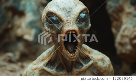 A striking portrait of an alien attempting to blend in as a human, its disguise slipping with a wide-open mouth, revealing otherworldly features beneath the facade. Generative AI 122089145