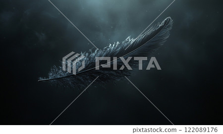 A hauntingly beautiful image of a shadowy black feather gliding weightlessly through the air. Generative AI 122089176
