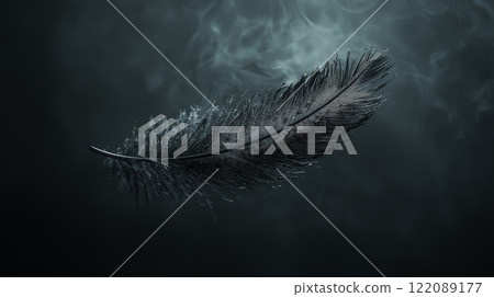 A hauntingly beautiful image of a shadowy black feather gliding weightlessly through the air. Generative AI 122089177