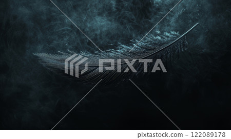 A hauntingly beautiful image of a shadowy black feather gliding weightlessly through the air. Generative AI 122089178