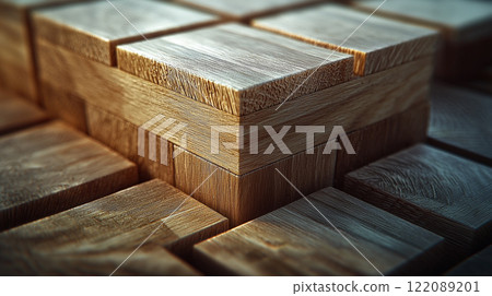 A highly intricate 3D-rendered visualization of wood joinery featuring an array of planks connected at various lengths using the same joint technique. Generative AI 122089201