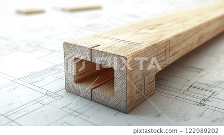 A highly intricate 3D-rendered visualization of wood joinery featuring an array of planks connected at various lengths using the same joint technique. Generative AI 122089202