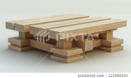 A highly intricate 3D-rendered visualization of wood joinery featuring an array of planks connected at various lengths using the same joint technique. Generative AI 122089203