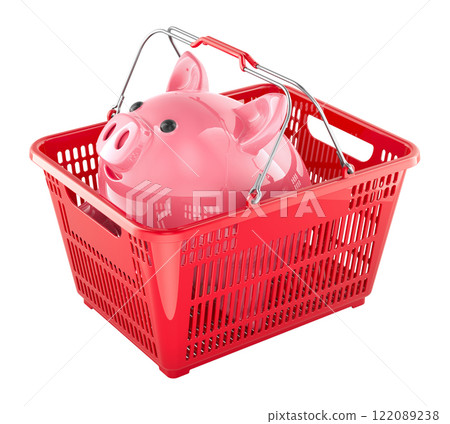 Shopping basket with piggy bank. Saving money when shopping, concept. 3D rendering 122089238