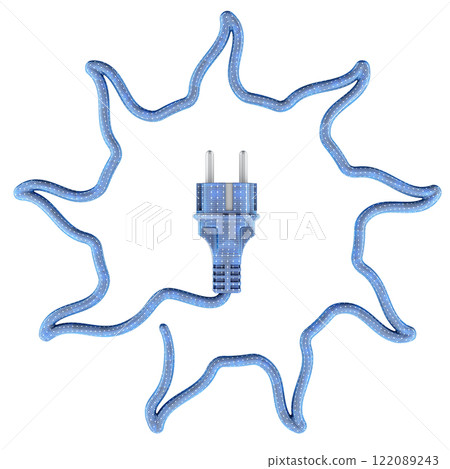 Sun from power cable and plug with texture of solar panels. Green and clean energy, concept. 3D rendering Sun from power cable and plug with texture of solar panels. Green and clean energy, concept. 3D rendering 122089243