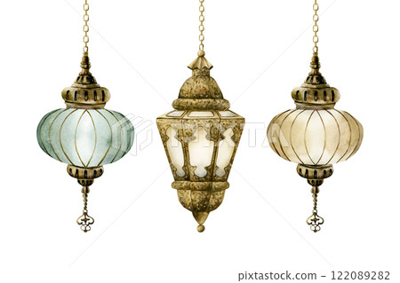 Hanging Lantern Clip Art Set. Arabic style golden lamp. Watercolor hand painted isolated illustration for greeting card, invitation of Ramadan Kareem, Muslim holiday, Eid Mubarak, Eid Al Fitr, Adha 122089282