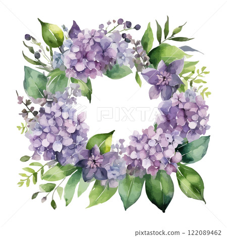 Watercolor round frame lilac, symbol of love, wedding, purity, vector illustration. 122089462