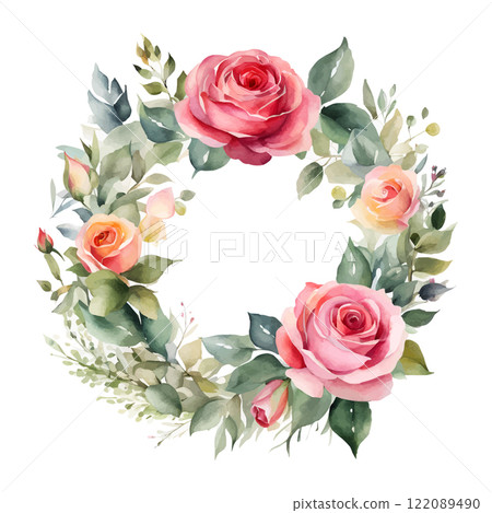 Watercolor roses round frame flowers with gold, symbol of love, wedding, purity, vector illustration 122089490