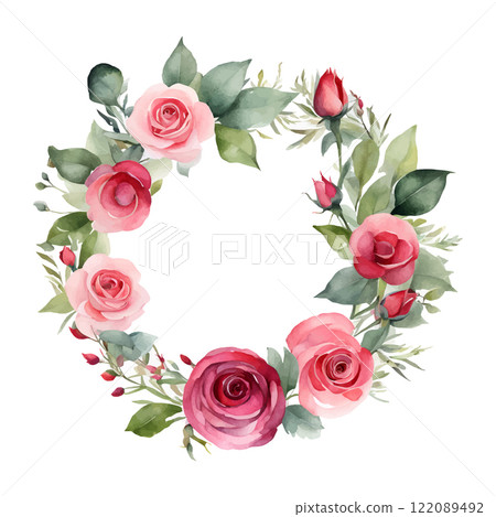 Watercolor roses round frame flowers with gold, symbol of love, wedding, purity, vector illustration 122089492