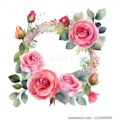 Watercolor roses round frame flowers with gold, symbol of love, wedding, purity, vector illustration 122089495
