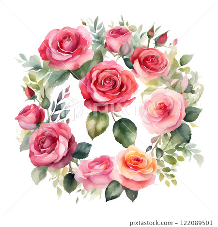Watercolor roses round frame flowers with gold, symbol of love, wedding, purity, vector illustration 122089501