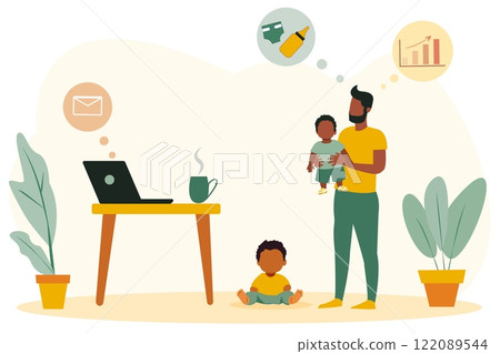 Father balancing remote work and childcare while on maternity leave at home with his children Father balancing remote work and childcare while on maternity leave at home with his children 122089544