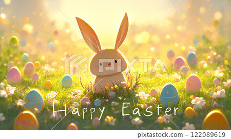 A cartoon rabbit is standing in a field of Easter eggs. The image is cheerful and playful, with the rabbit being the main focus. The eggs are scattered around the field, with some closer to the rabbit 122089619