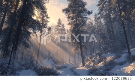 Russia A snowy forest with a beautiful sunset in the background. The sky is filled with clouds, and the sun is setting behind the trees. The scene is peaceful and serene, with the snow-covered ground Russia A snowy forest with a beautiful sunset in the background. The sky is filled with clouds, and the sun is setting behind the trees. The scene is peaceful and serene, with the snow-covered ground 122089653