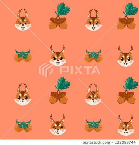 Seamless drawing pattern with squirrel, acorn and hazelnut. Seamless drawing pattern with squirrel, acorn and hazelnut. 122089744