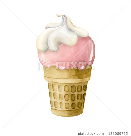 Cute ice cream waffle cup. Watercolor hand painted food illustration isolated on white background for kids birthday, baby shower party, nursery decor, children clothes fabric, delicious textile Cute ice cream waffle cup. Watercolor hand painted food illustration isolated on white background for kids birthday, baby shower party, nursery decor, children clothes fabric, delicious textile 122089755