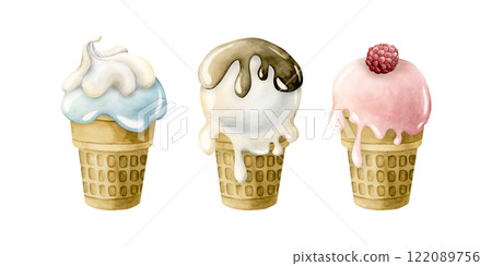 Cute ice cream waffle cup set. Watercolor hand painted food illustration isolated on white background for kids birthday, baby shower party, nursery decor, children clothes fabric, delicious textile Cute ice cream waffle cup set. Watercolor hand painted food illustration isolated on white background for kids birthday, baby shower party, nursery decor, children clothes fabric, delicious textile 122089756