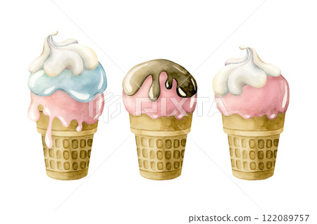 Cute ice cream waffle cup set. Watercolor hand painted food illustration isolated on white background for kids birthday, baby shower party, nursery decor, children clothes fabric, delicious textile Cute ice cream waffle cup set. Watercolor hand painted food illustration isolated on white background for kids birthday, baby shower party, nursery decor, children clothes fabric, delicious textile 122089757