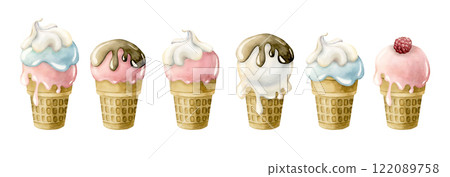 Cute ice cream waffle cup set. Watercolor hand painted food illustration isolated on white background for kids birthday, baby shower party, nursery decor, children clothes fabric, delicious textile Cute ice cream waffle cup set. Watercolor hand painted food illustration isolated on white background for kids birthday, baby shower party, nursery decor, children clothes fabric, delicious textile 122089758