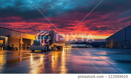 A red semi-truck parked at a warehouse under a vibrant twilight sky with reflective pavement. 122089920