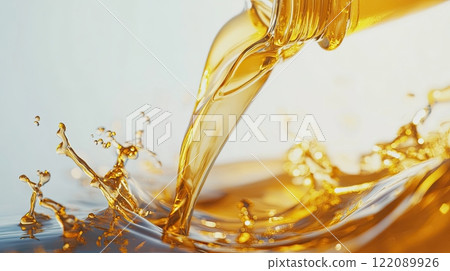 Splashes of engine oil pouring from a plastic bottle on a white background 122089926